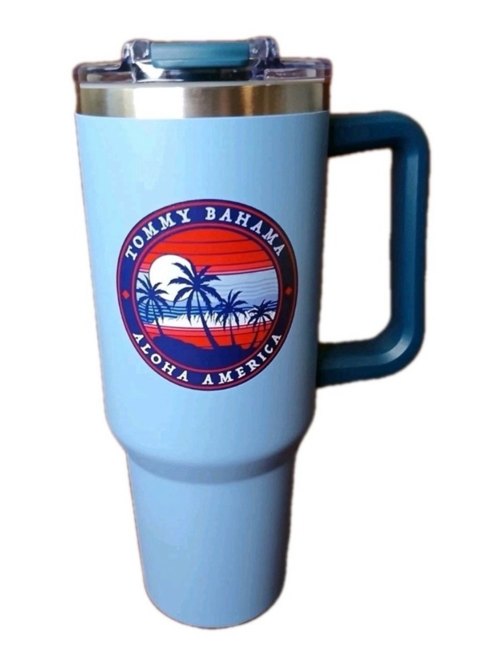 Tommy Bahama Sky Blue Insulated Travel Mug with Tropical Logo